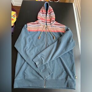 Howler Brothers Blue Zip-Up Hoodie with Multicolor Patterned Hood